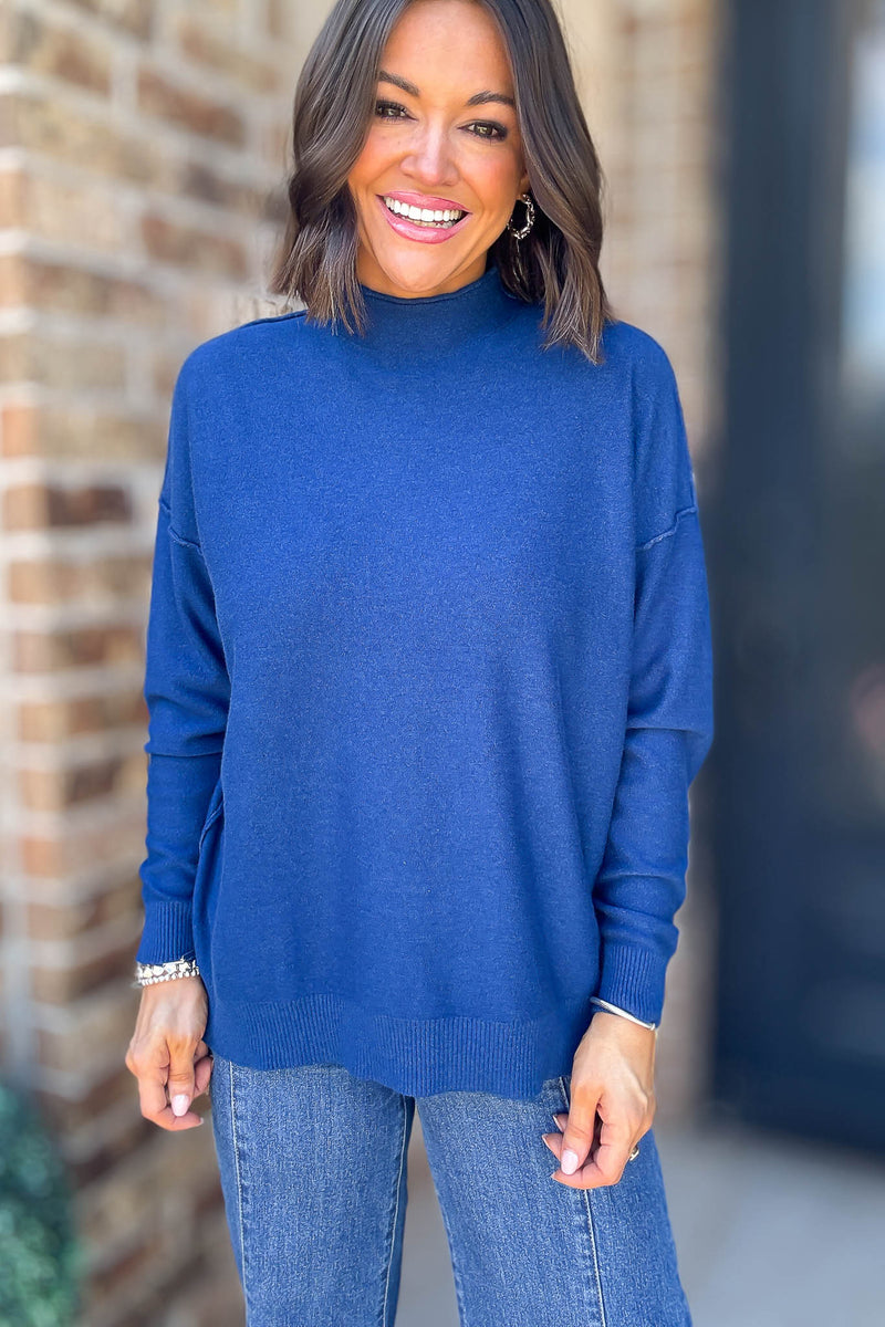Viscose Light Navy Mock Neck Exposed Seam Sweater