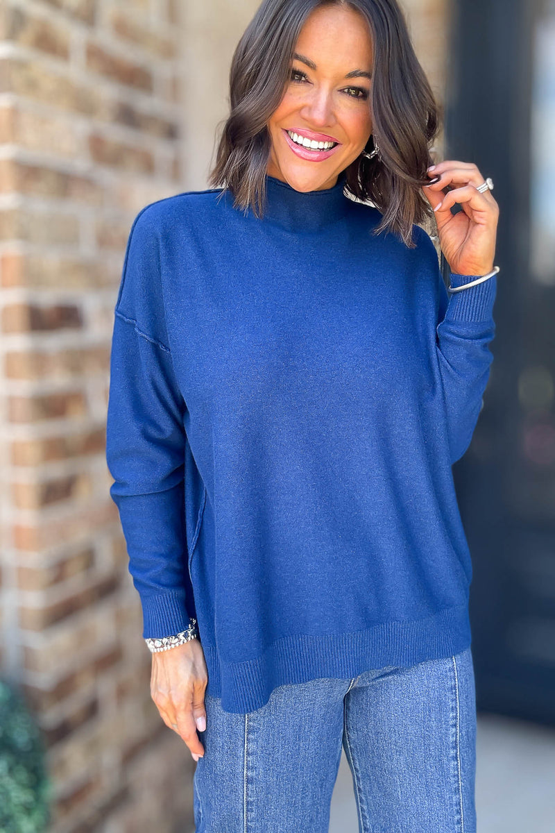Viscose Light Navy Mock Neck Exposed Seam Sweater