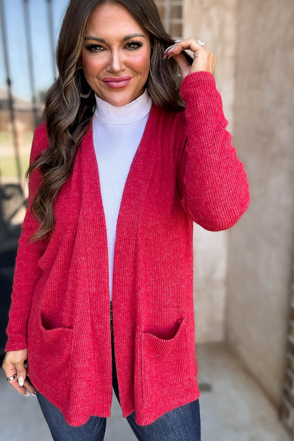 Calm And Cozy Dark Red Ribbed Sweater Open Front Cardigan