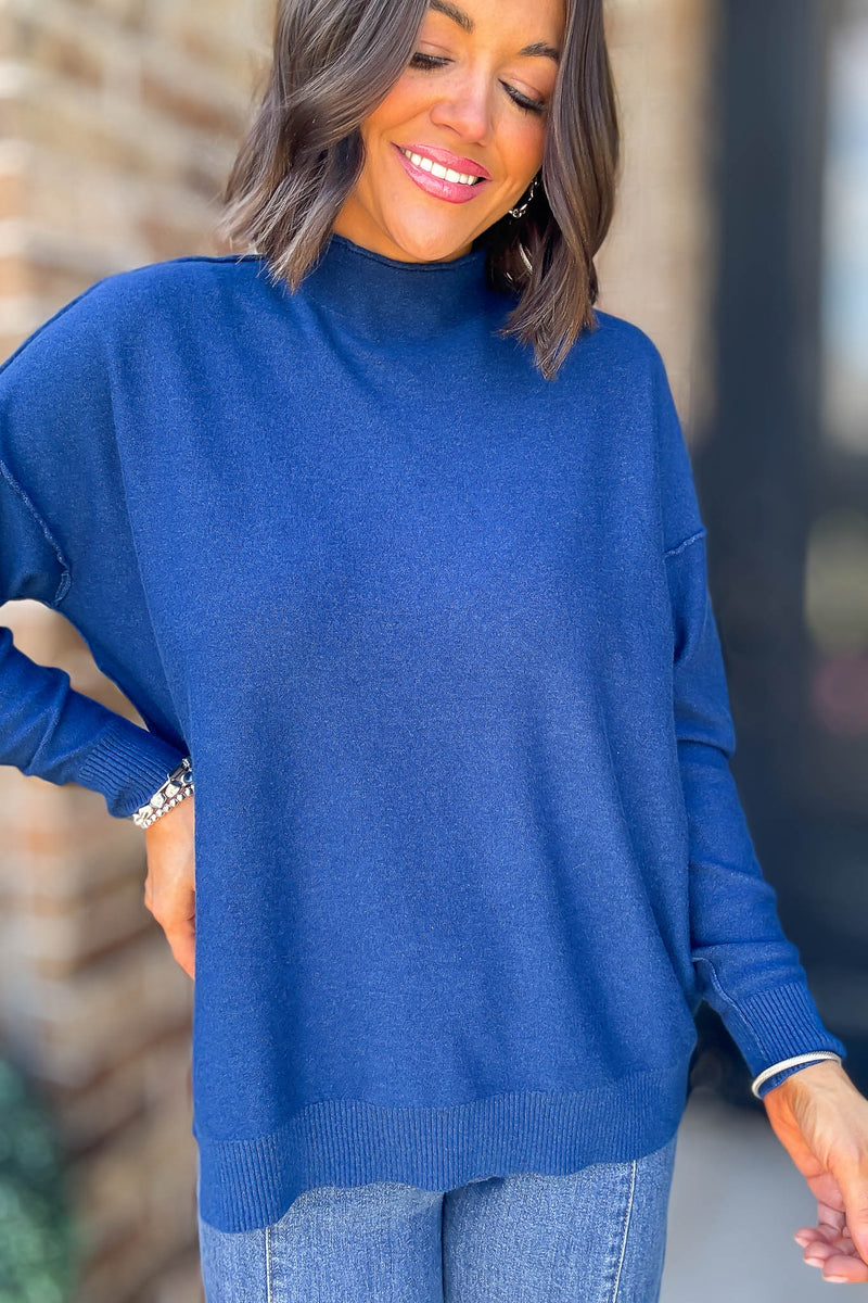 Viscose Light Navy Mock Neck Exposed Seam Sweater