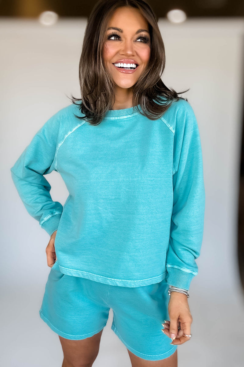 French Terry Turquoise Pigment Dye And Enzyme Wash Top