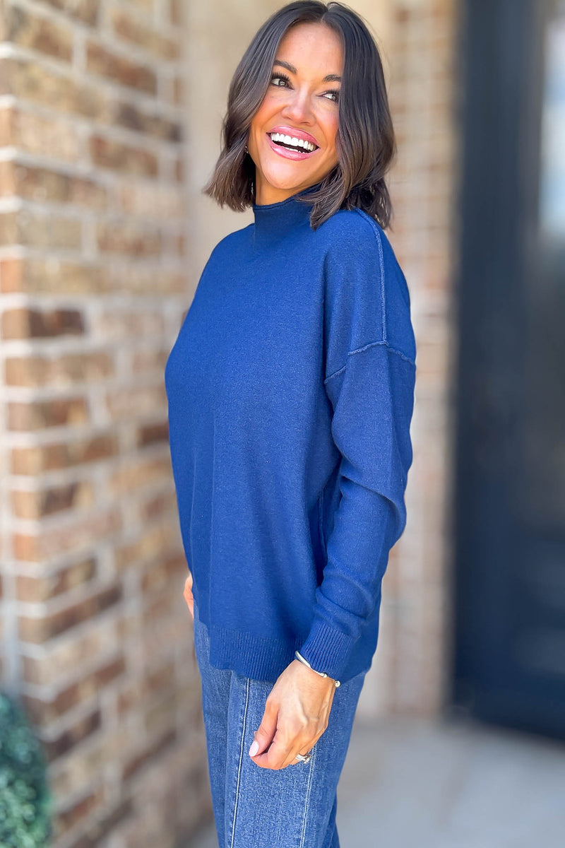 Viscose Light Navy Mock Neck Exposed Seam Sweater