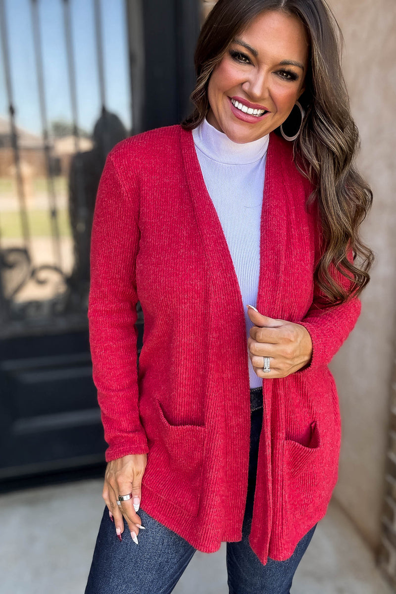 Calm And Cozy Dark Red Ribbed Sweater Open Front Cardigan