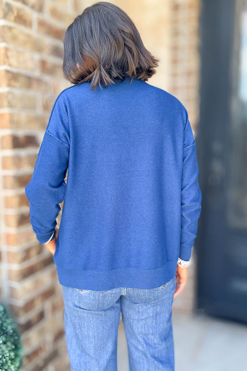 Viscose Light Navy Mock Neck Exposed Seam Sweater