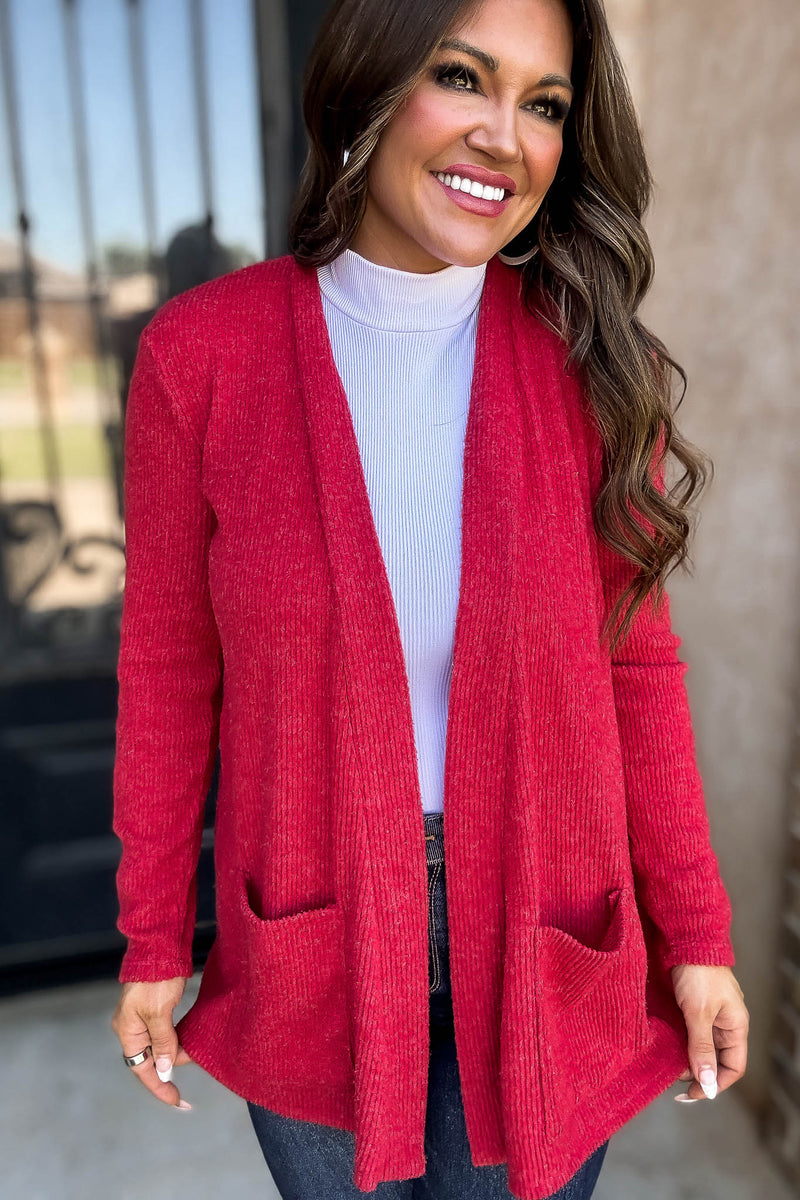 Red open front sweater store