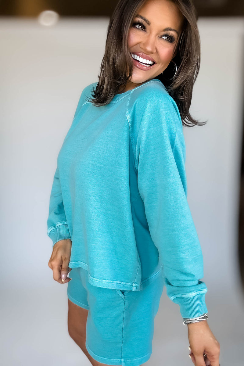 French Terry Turquoise Pigment Dye And Enzyme Wash Top