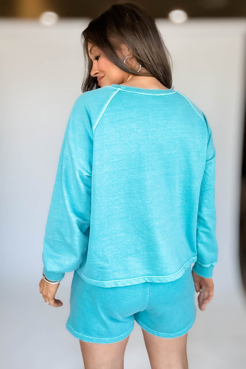 French Terry Turquoise Pigment Dye And Enzyme Wash Top