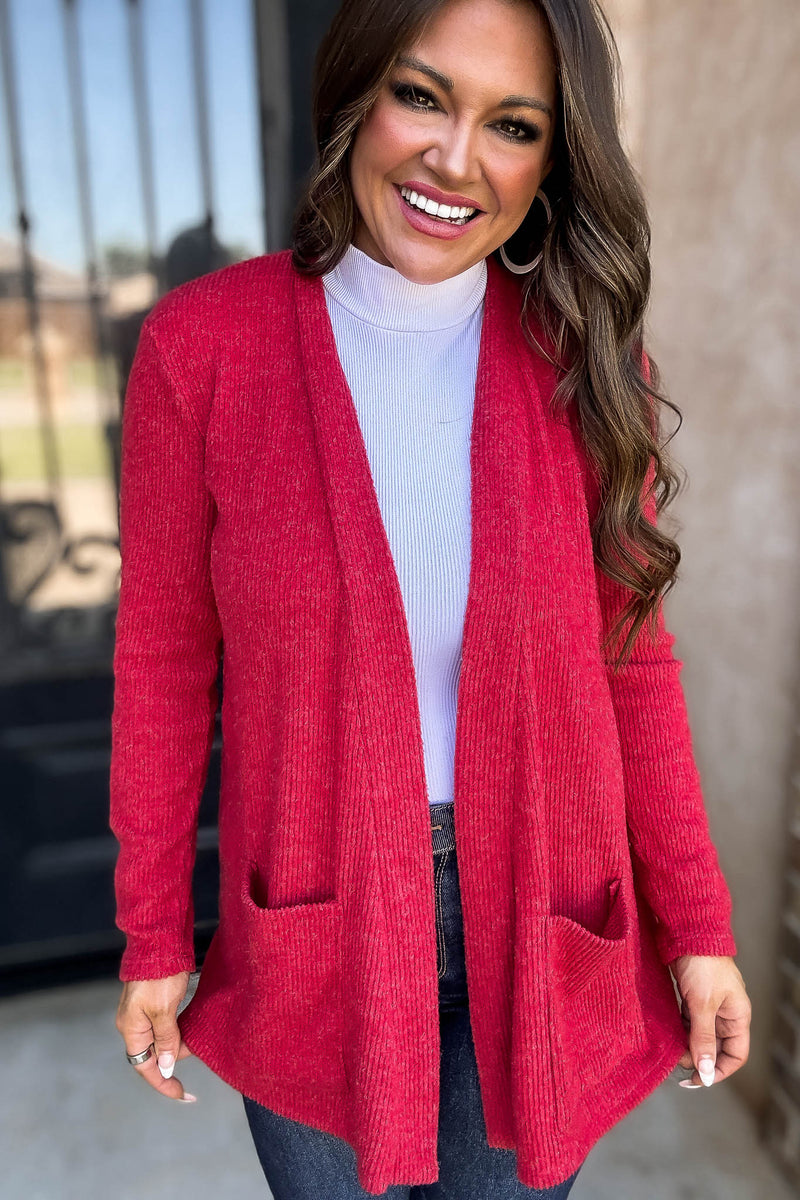Calm And Cozy Dark Red Ribbed Sweater Open Front Cardigan