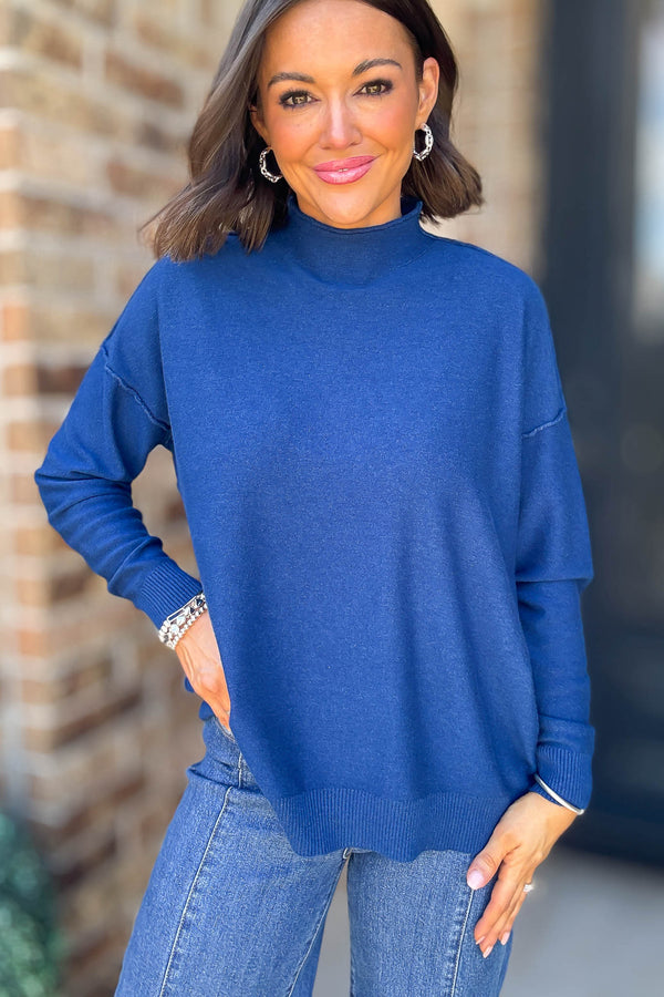 Viscose Light Navy Mock Neck Exposed Seam Sweater
