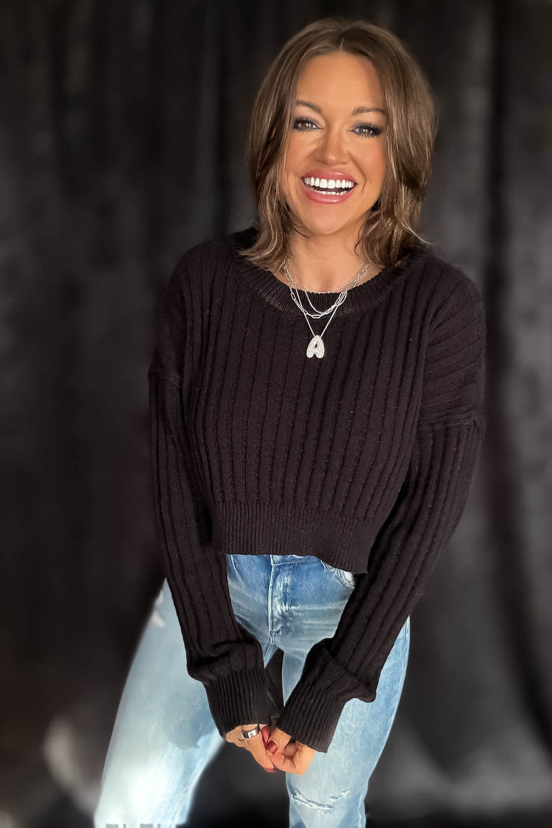 Cropped Black Ribbed Long Sleeve Knit Sweater