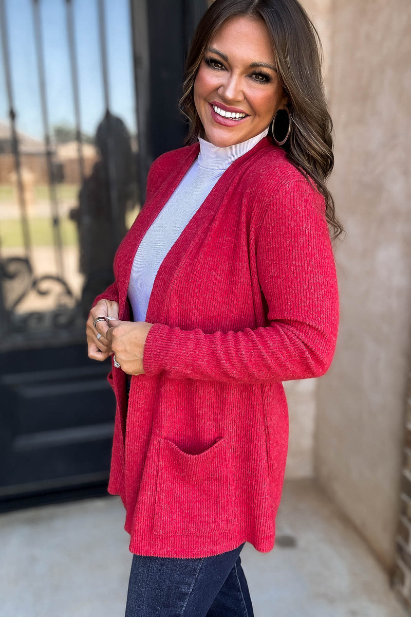 Calm And Cozy Dark Red Ribbed Sweater Open Front Cardigan