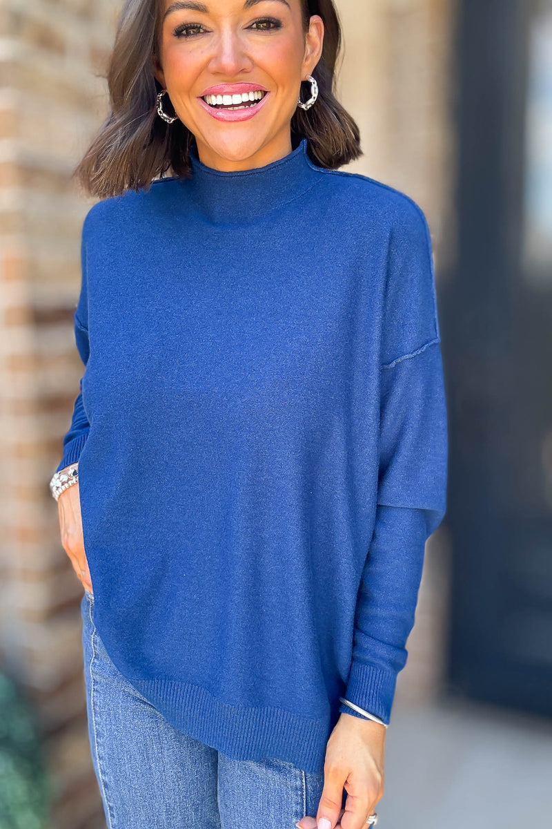 Viscose Light Navy Mock Neck Exposed Seam Sweater