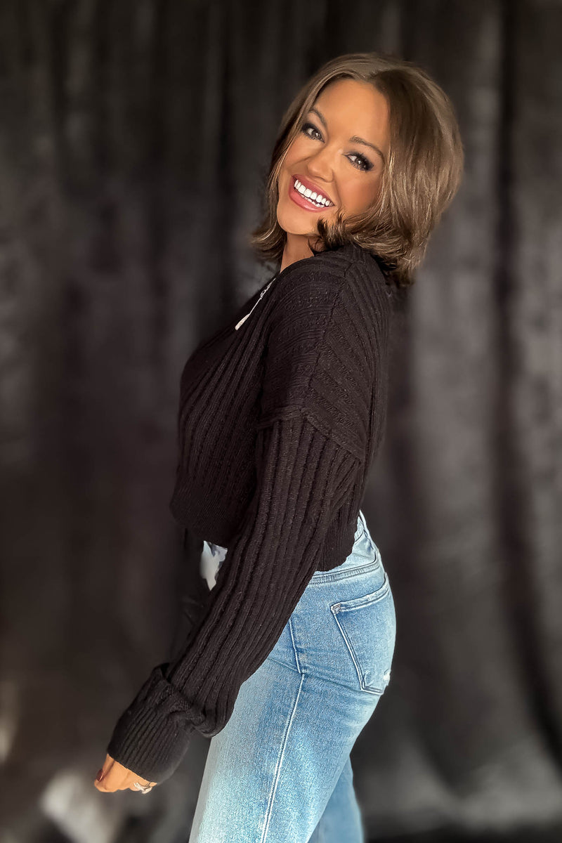 Cropped Black Ribbed Long Sleeve Knit Sweater