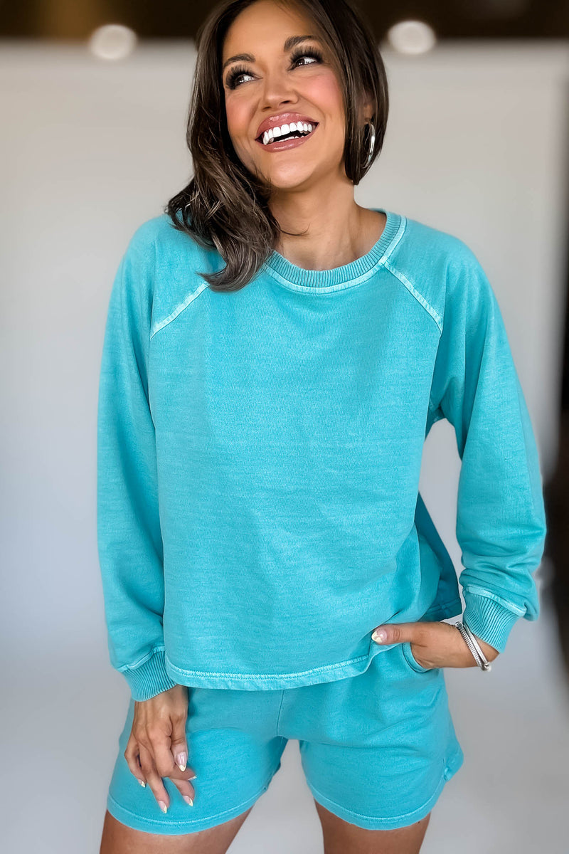 French Terry Turquoise Pigment Dye And Enzyme Wash Top