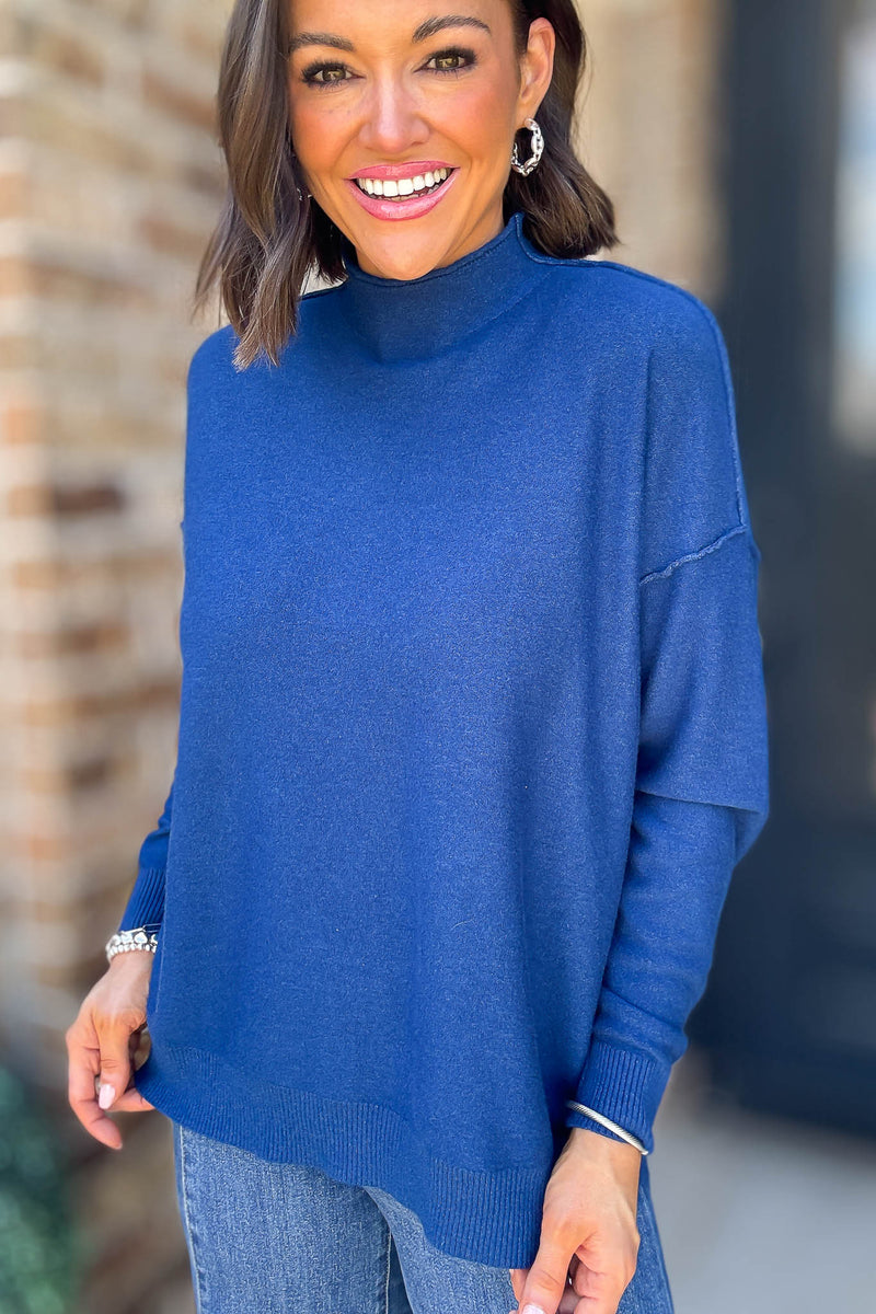 Viscose Light Navy Mock Neck Exposed Seam Sweater