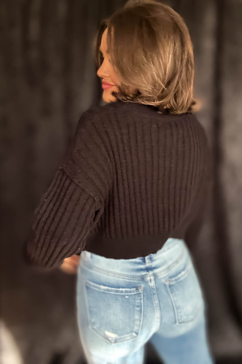 Cropped Black Ribbed Long Sleeve Knit Sweater
