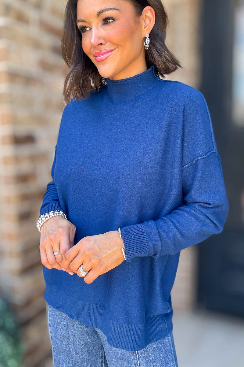 Viscose Light Navy Mock Neck Exposed Seam Sweater