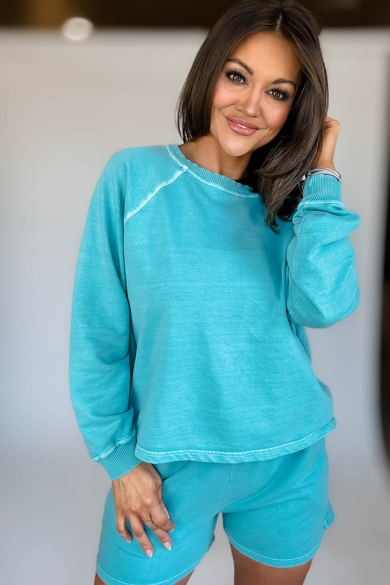 French Terry Turquoise Pigment Dye And Enzyme Wash Top