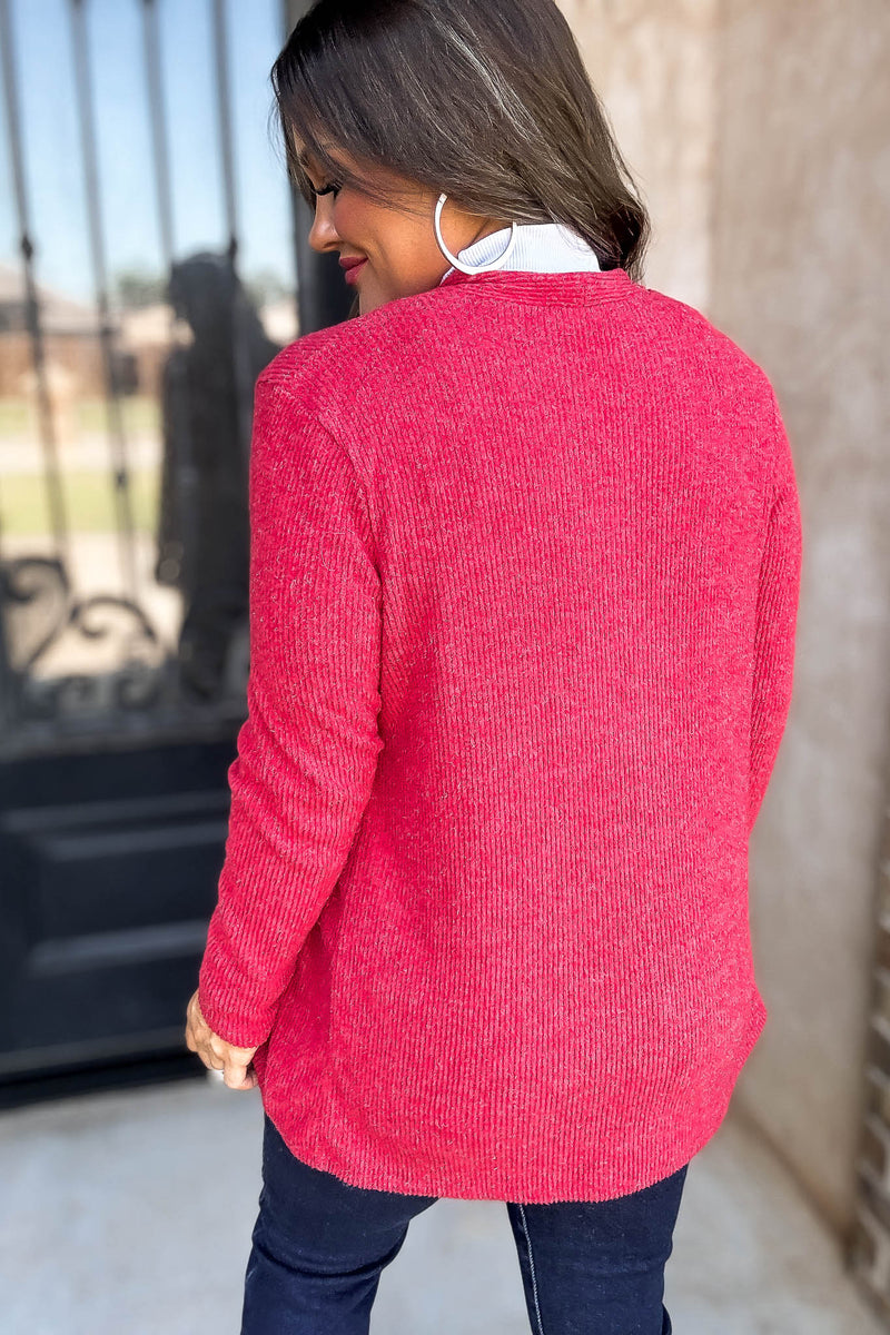 Calm And Cozy Dark Red Ribbed Sweater Open Front Cardigan