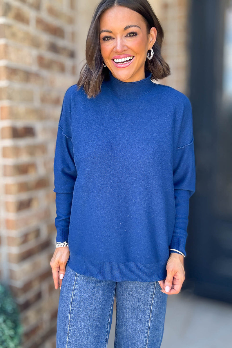 Viscose Light Navy Mock Neck Exposed Seam Sweater