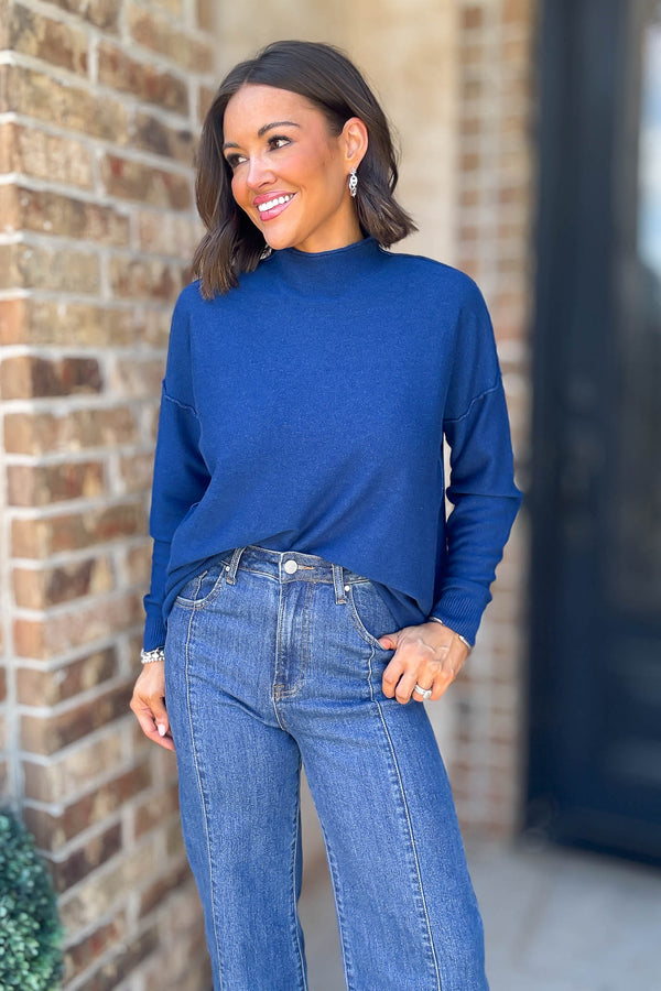 Viscose Light Navy Mock Neck Exposed Seam Sweater