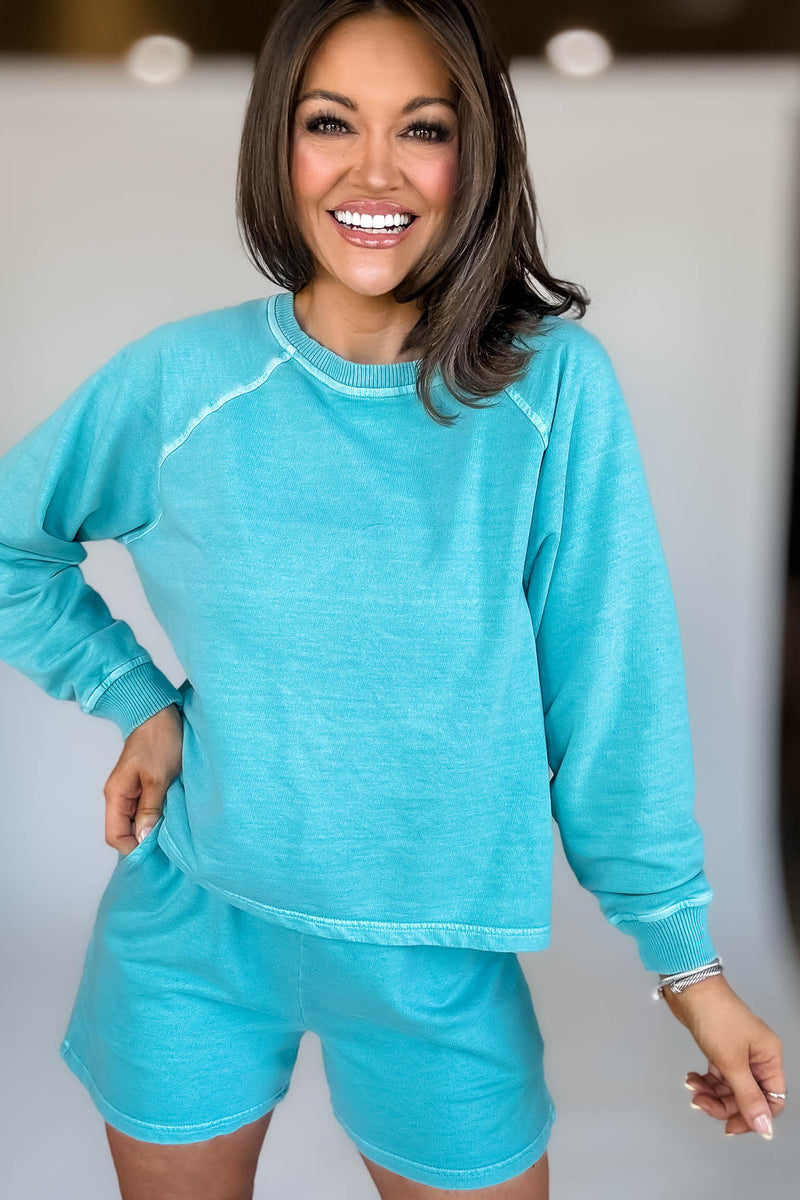 French Terry Turquoise Pigment Dye And Enzyme Wash Top