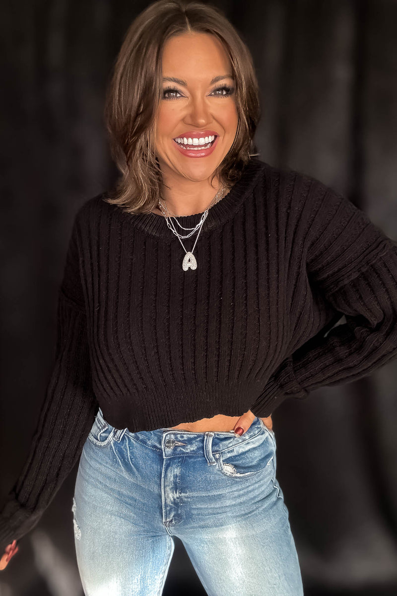 Cropped Black Ribbed Long Sleeve Knit Sweater