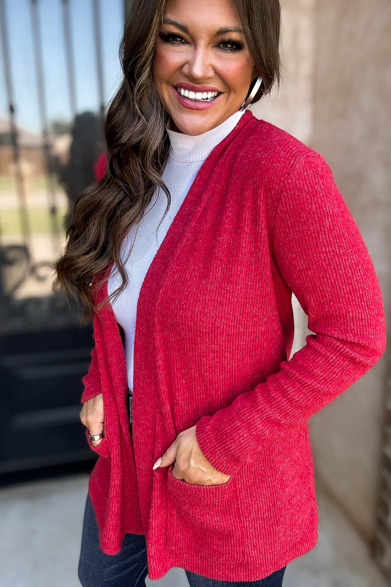 Calm And Cozy Dark Red Ribbed Sweater Open Front Cardigan