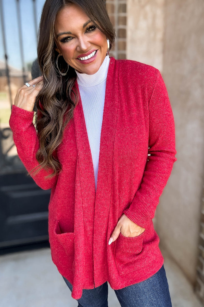 Calm And Cozy Dark Red Ribbed Sweater Open Front Cardigan