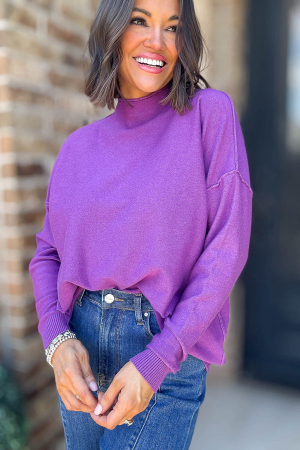 Viscose Violet Mock Neck Exposed Seam Sweater