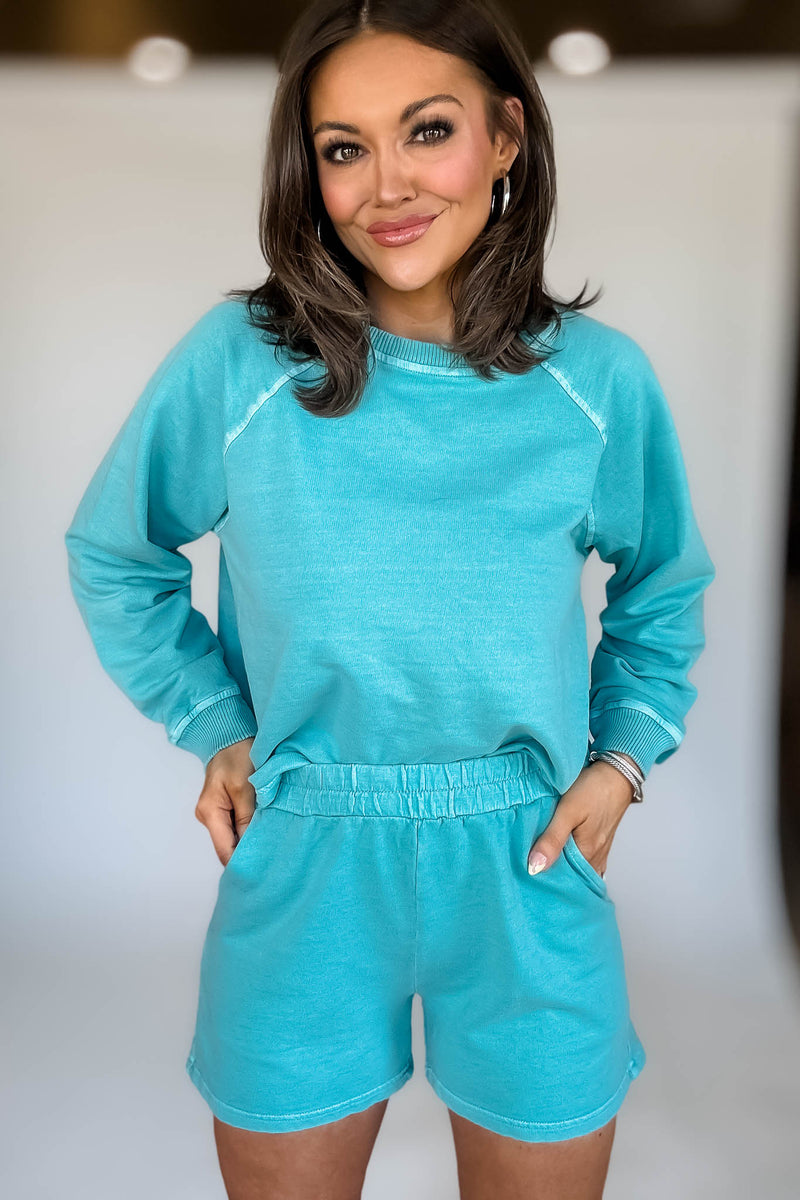 French Terry Turquoise Pigment Dye And Enzyme Wash Shorts