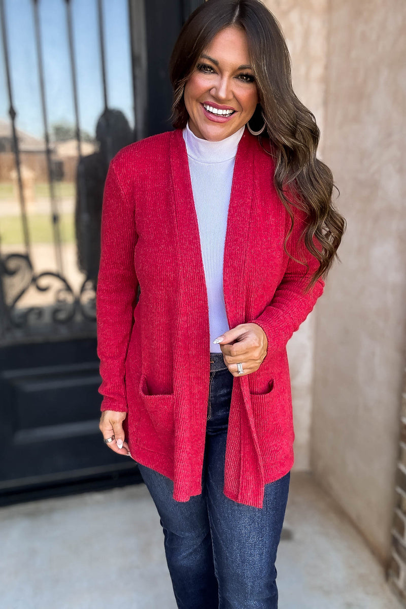Calm And Cozy Dark Red Ribbed Sweater Open Front Cardigan