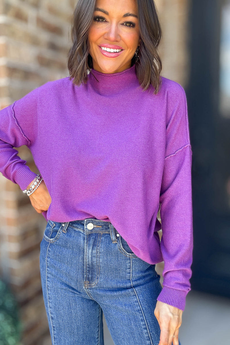 Viscose Violet Mock Neck Exposed Seam Sweater