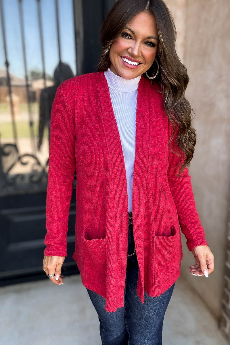 Calm And Cozy Dark Red Ribbed Sweater Open Front Cardigan
