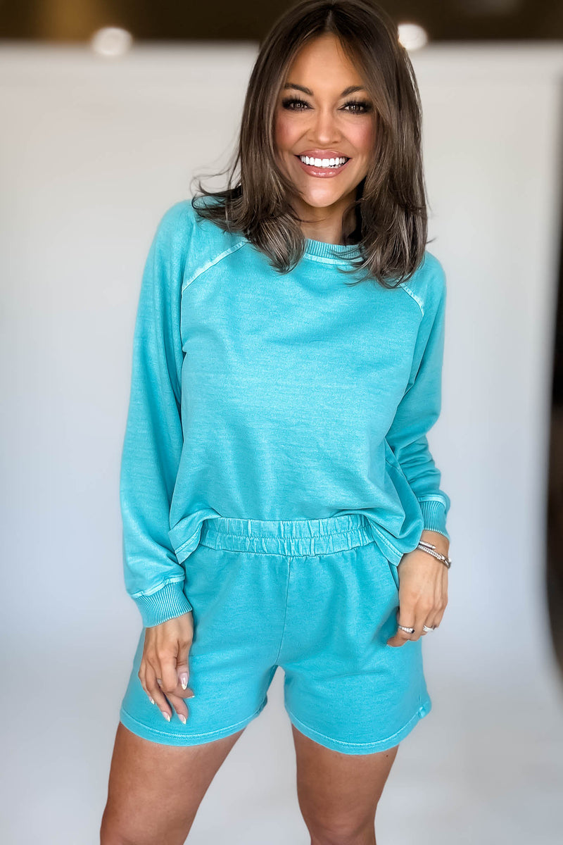 French Terry Turquoise Pigment Dye And Enzyme Wash Top