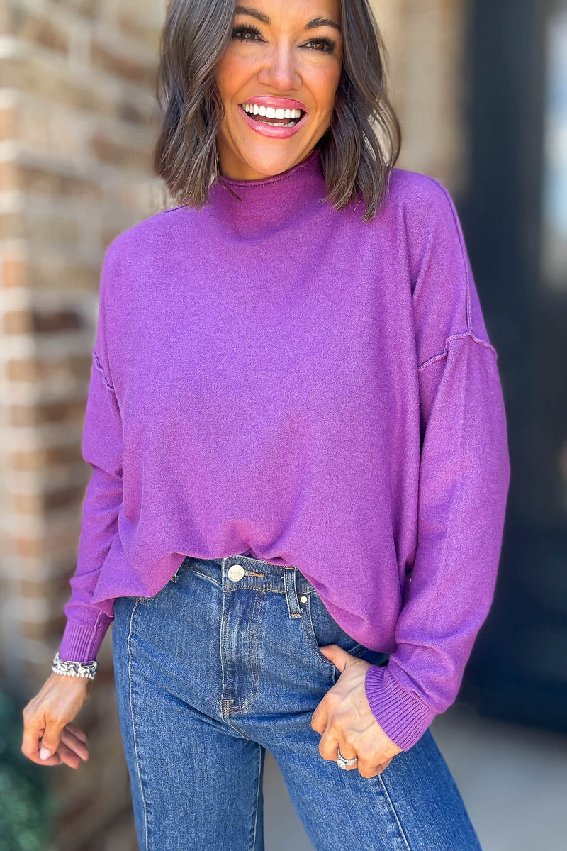 Viscose Violet Mock Neck Exposed Seam Sweater