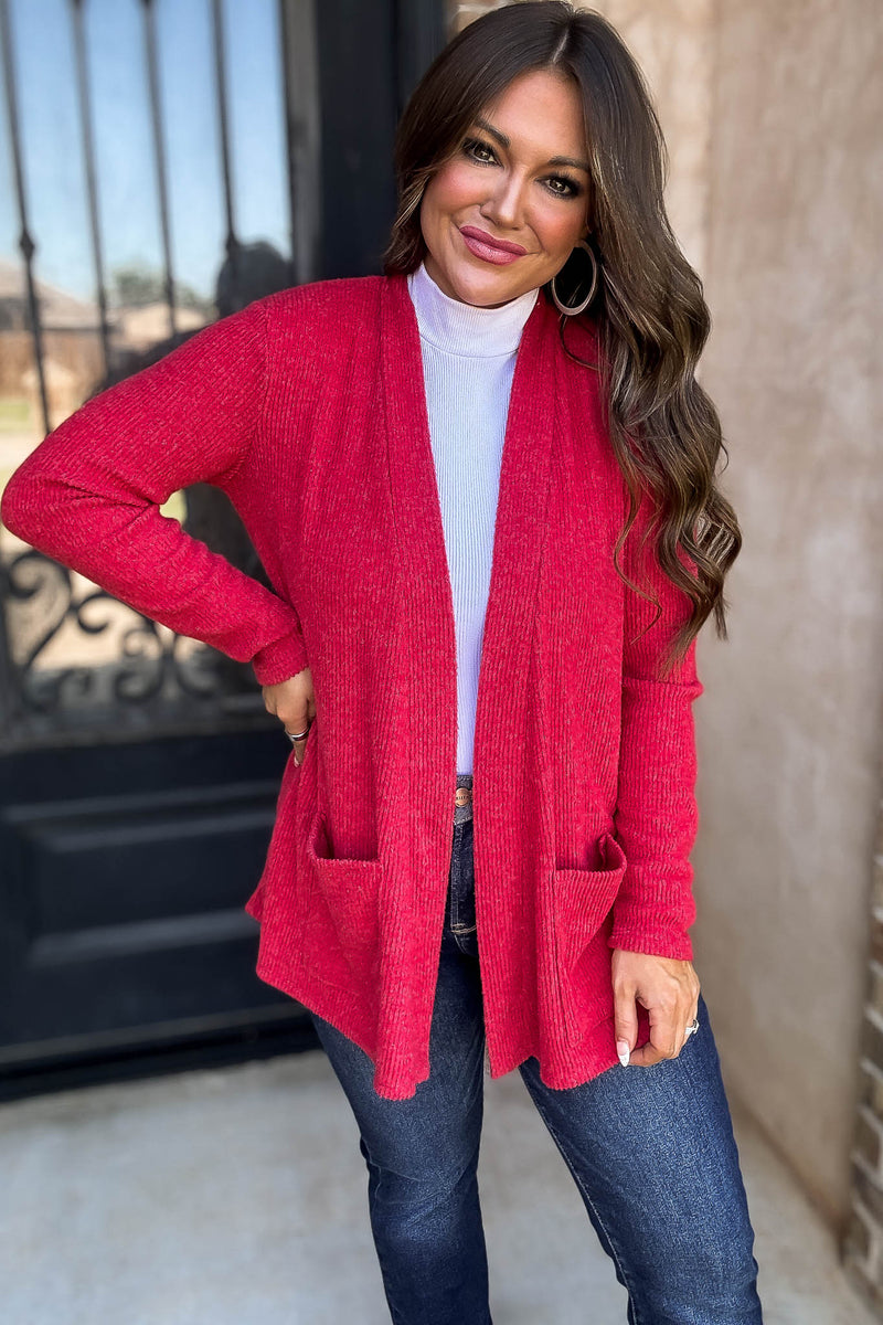 Calm And Cozy Dark Red Ribbed Sweater Open Front Cardigan