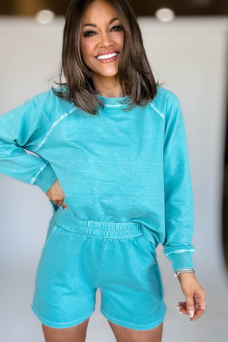 French Terry Turquoise Pigment Dye And Enzyme Wash Shorts
