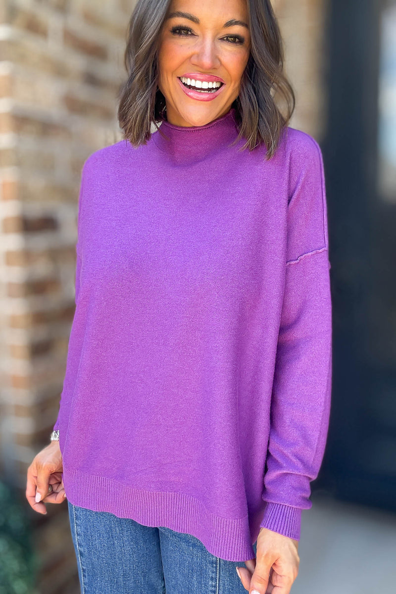 Viscose Violet Mock Neck Exposed Seam Sweater