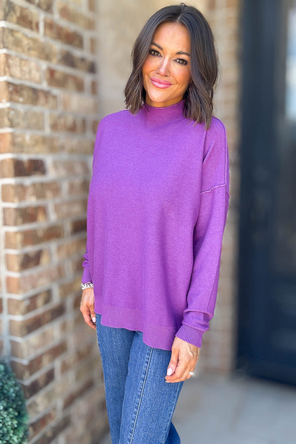 Viscose Violet Mock Neck Exposed Seam Sweater