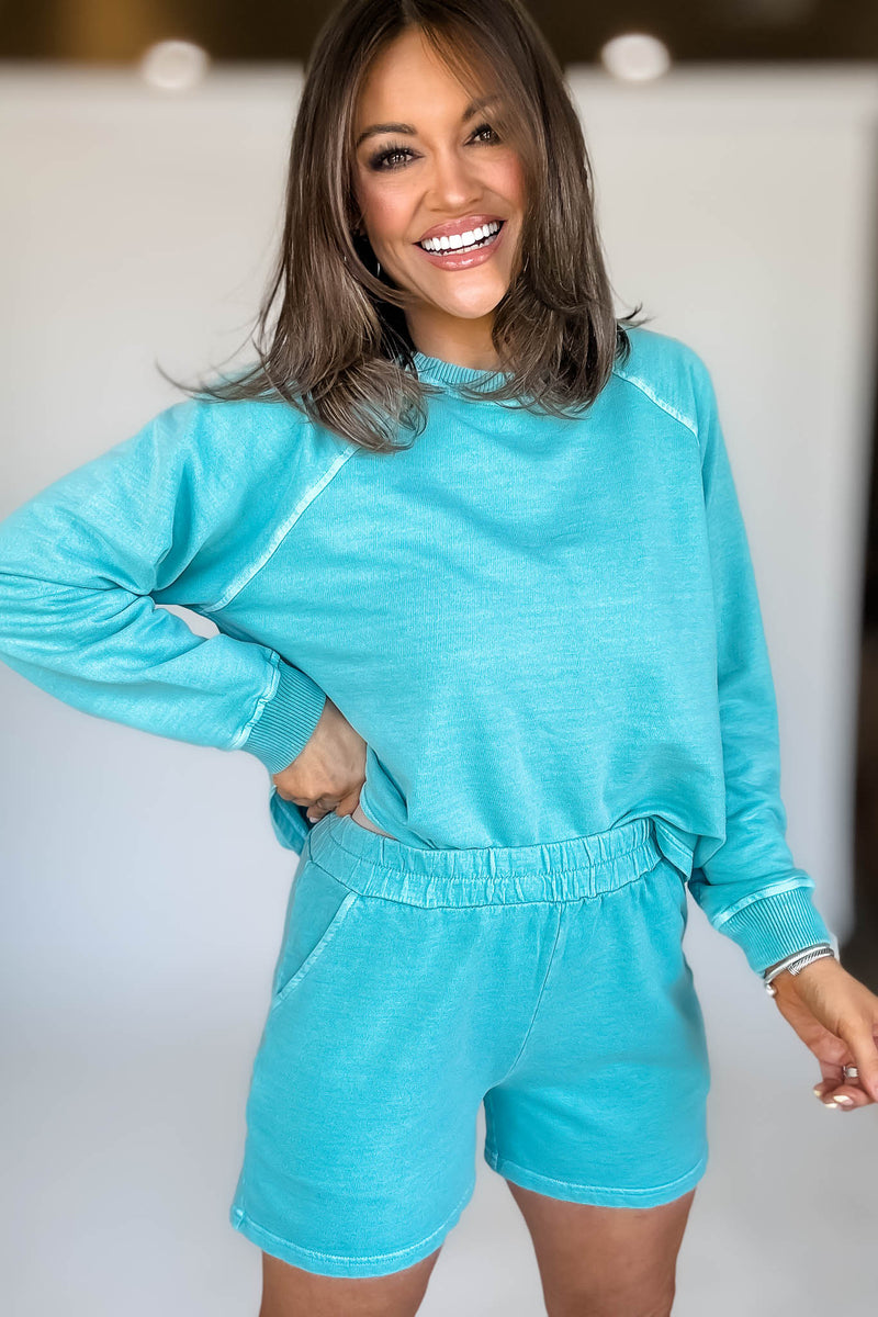 French Terry Turquoise Pigment Dye And Enzyme Wash Shorts