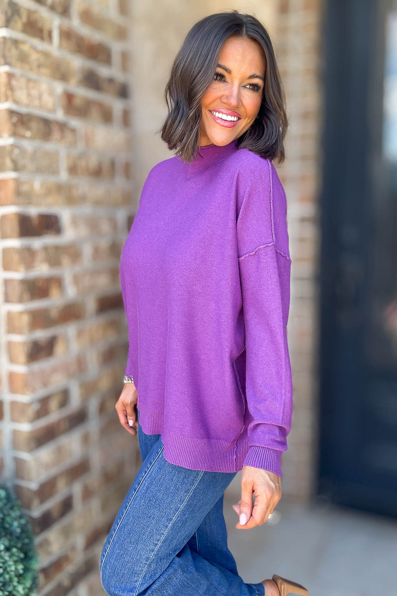 Viscose Violet Mock Neck Exposed Seam Sweater