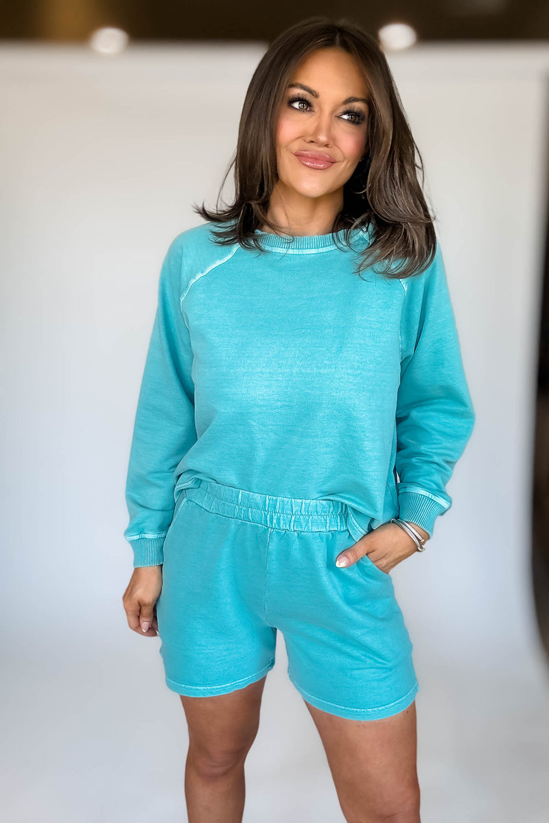 French Terry Turquoise Pigment Dye And Enzyme Wash Shorts