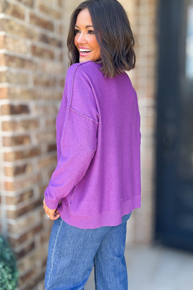 Viscose Violet Mock Neck Exposed Seam Sweater
