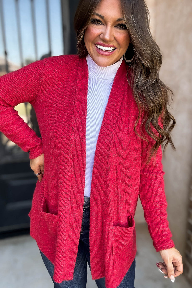 Calm And Cozy Dark Red Ribbed Sweater Open Front Cardigan