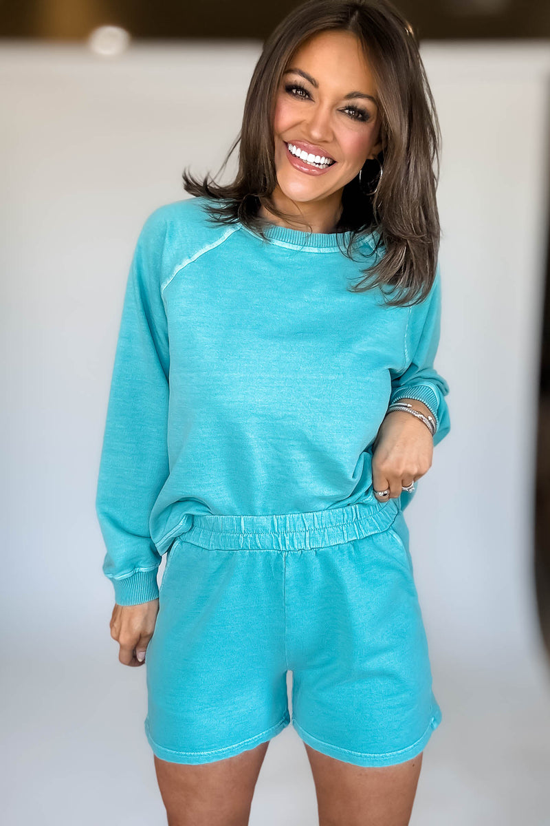 French Terry Turquoise Pigment Dye And Enzyme Wash Shorts