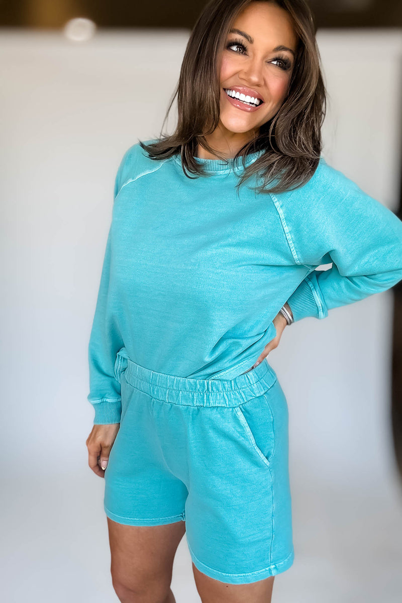 French Terry Turquoise Pigment Dye And Enzyme Wash Shorts