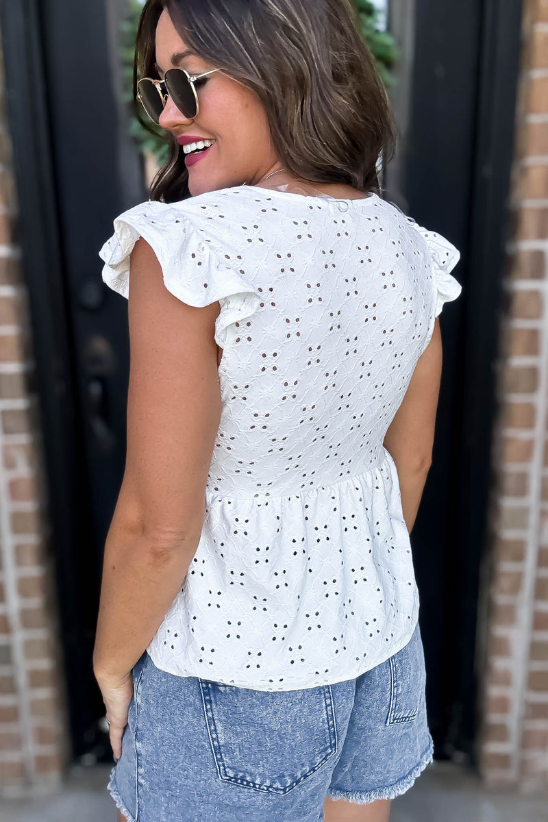 Eyelet Surplice Ruffle Detail Top