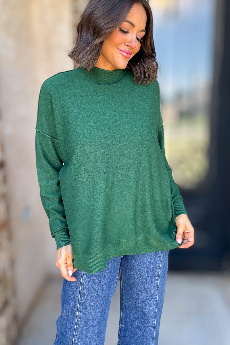 Viscose Heathered Dark Green Mock Neck Exposed Seam Sweater