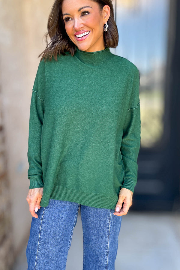 Viscose Heathered Dark Green Mock Neck Exposed Seam Sweater